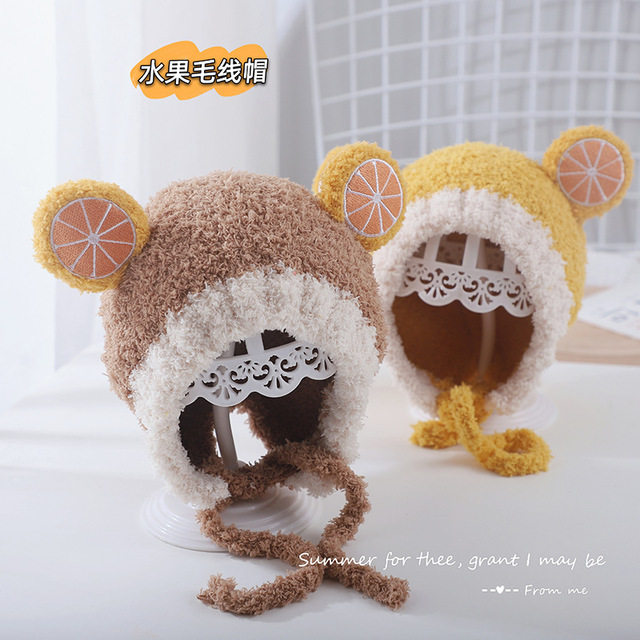 Cartoon fruit baby wool hat autumn and winter new plush warm baby ear protection windproof princess hat