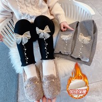 Girls 2021 new autumn winter plus velvet thickened fashionable foreign atmosphere warm Pearl bow plus velvet leggings 999