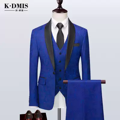 Royal blue pattern suit suit men's casual British style suit Korean version of the handsome host wedding ceremony groom tide