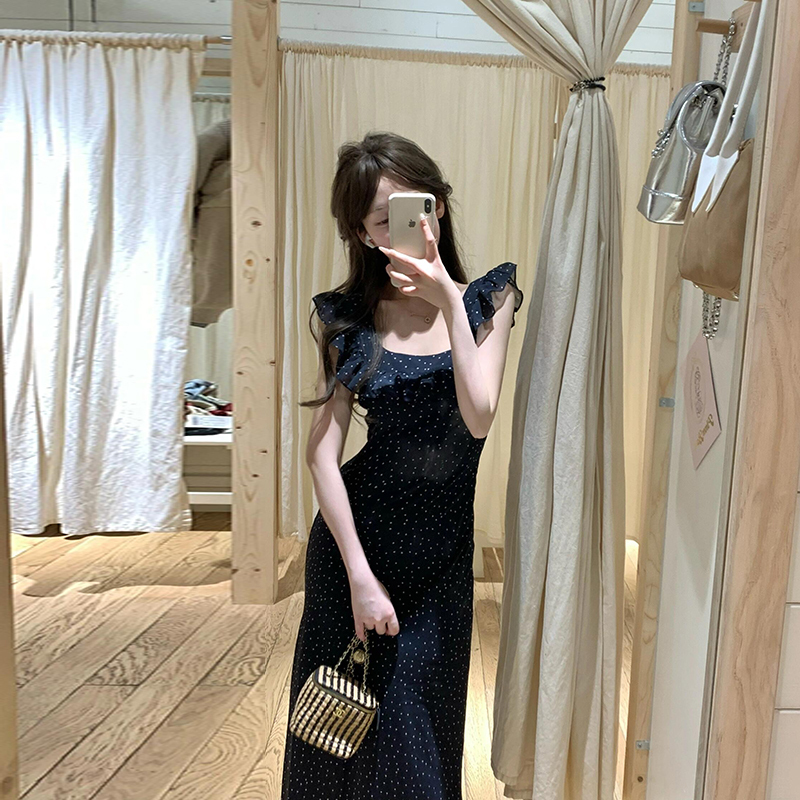 Little Flying Sleeves Polka Dot Ruffle Strap Dress for Women, Summer French Tea Break Style, Waist-Cinching Bodycon Floral Long Dress Little Flying Sleeves Polka Dot Ruffle Strap Dress for Women, Summer French Tea Break Style, Waist-Cinching Bodycon Floral Long Dress