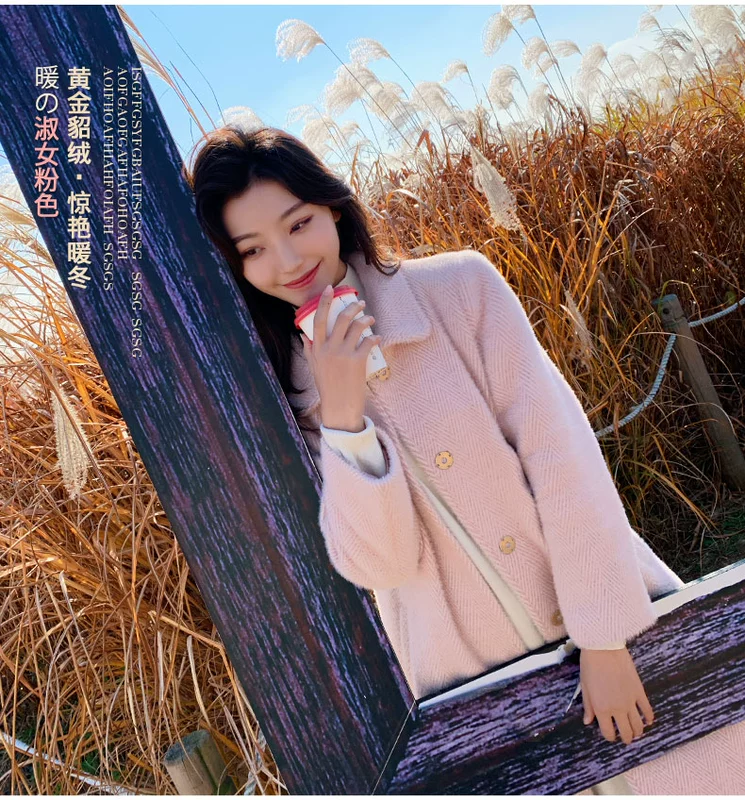 Áo khoác nhung vàng nữ dài 2019 mùa đông mới Áo len lông cừu dày làm giả lông chồn - Accentuated eo áo