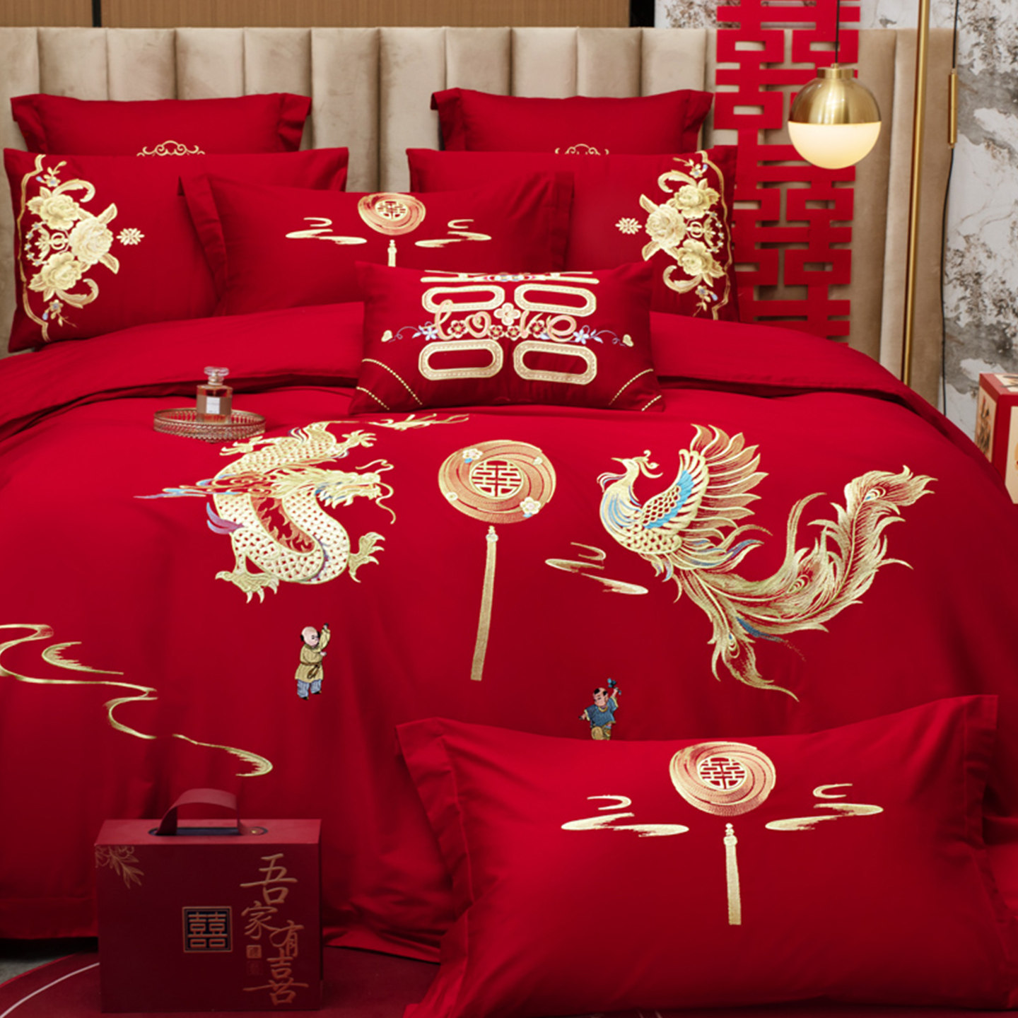 All-Cotton Chinese-Style Wedding Four-Piece Set Festive Wedding Bedding 100% Pure Cotton Red Bed Sheet Duvet Cover for Newlyweds
