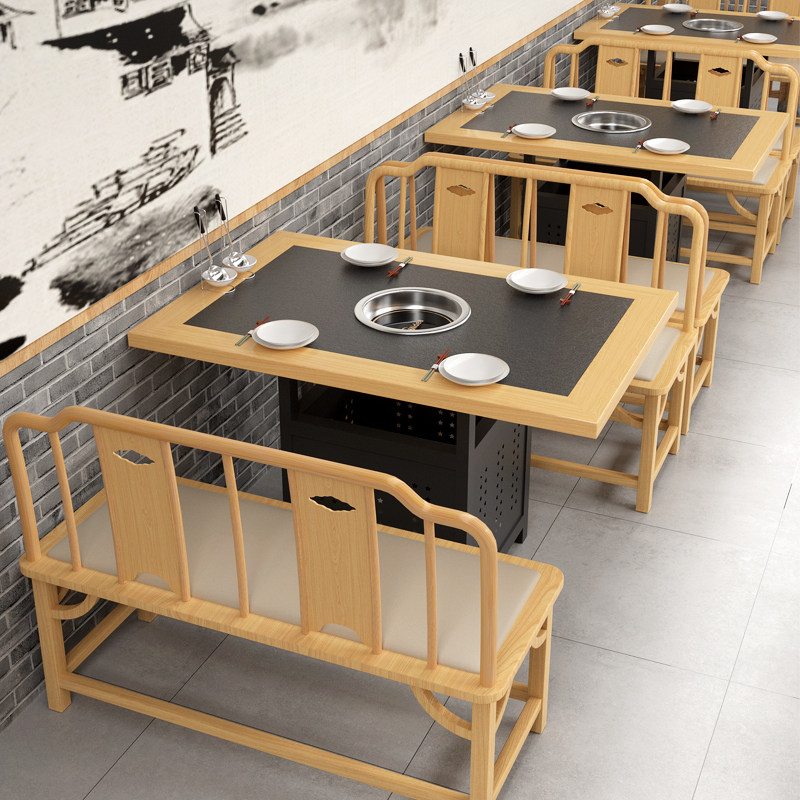 New Chinese style small vegetable garden restaurant dining table and chairs, fire stone solid wood edging, commercial hot pot table and induction cooker