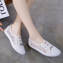 Lace Small White Shoes Woman Summer Breathable Slim Fit 2021 New Hollowed-out Comfort Flat Bottom 100 Hitch Shallow Mouth Mesh Sneakers