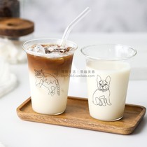 ins Hanfeng hand-painted cute cat pattern glass high temperature water Cup Iced Coffee Cup Breakfast Milk Cup can be Microwave