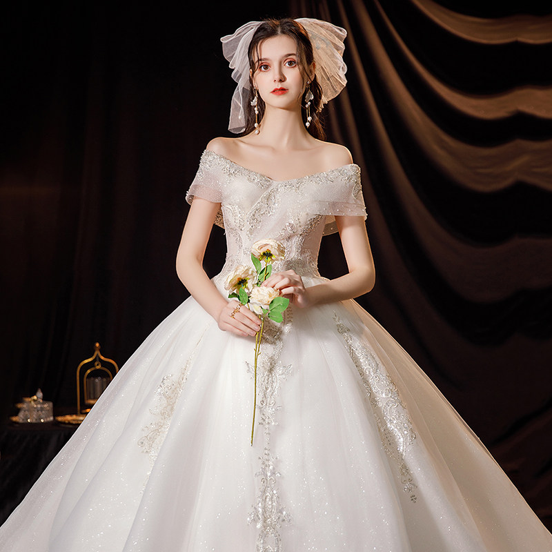 Law-style main wedding dress 2021 new bridal pregnant woman with shoulder trailing small sub-covered arm 2022 Heavy workout light