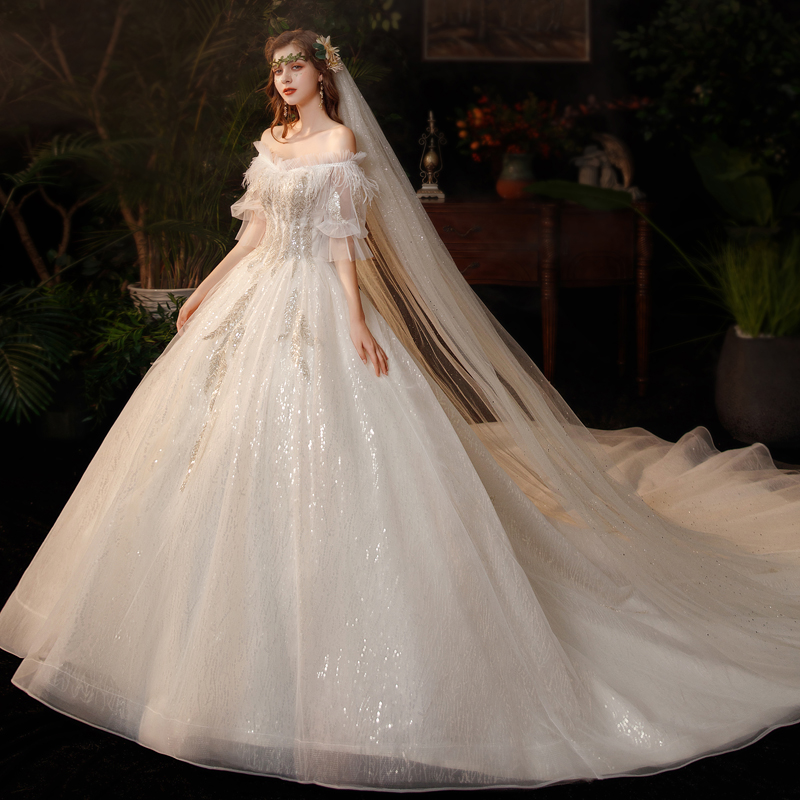 Main wedding dress 2021 new small child bridal style I shoulder 2022 Mori series startug end of the door yarn light