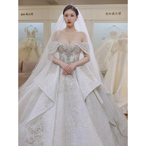  Main wedding dress 2021 new bridal temperament French one-sided shoulder cover thick arm luxury court style big tail summer