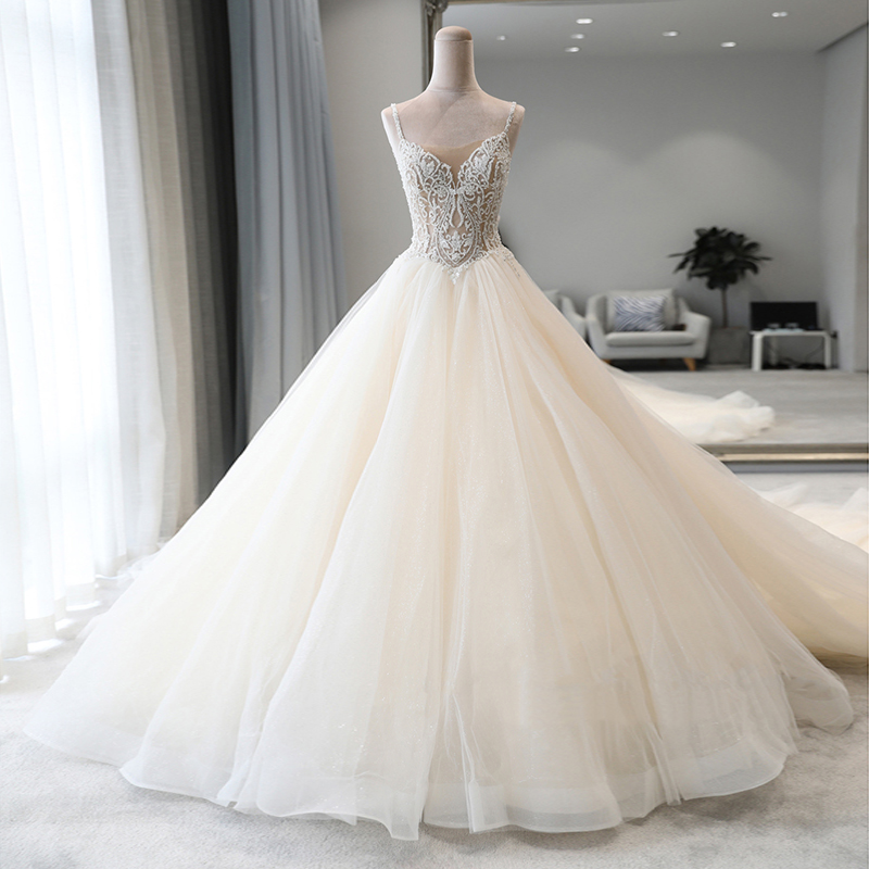 Light main wedding gown 2022 new bridal style minimalist harness small sub starry sky small crowns summer long trailing