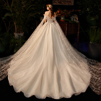  Wedding dress 2021 new temperament bride female simple one-shoulder small summer luxury starry sky trailing light
