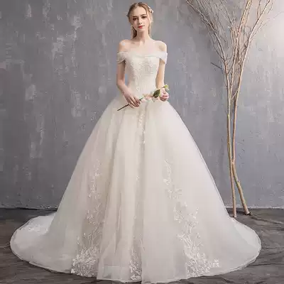 One-word shoulder main wedding dress 2021 New temperament bride Starry Sky simple French pregnant woman summer little tailed light