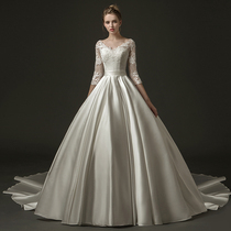 Light main wedding dress 2021 new temperament bride female satin simple long-sleeved French summer retro starry sky long tail