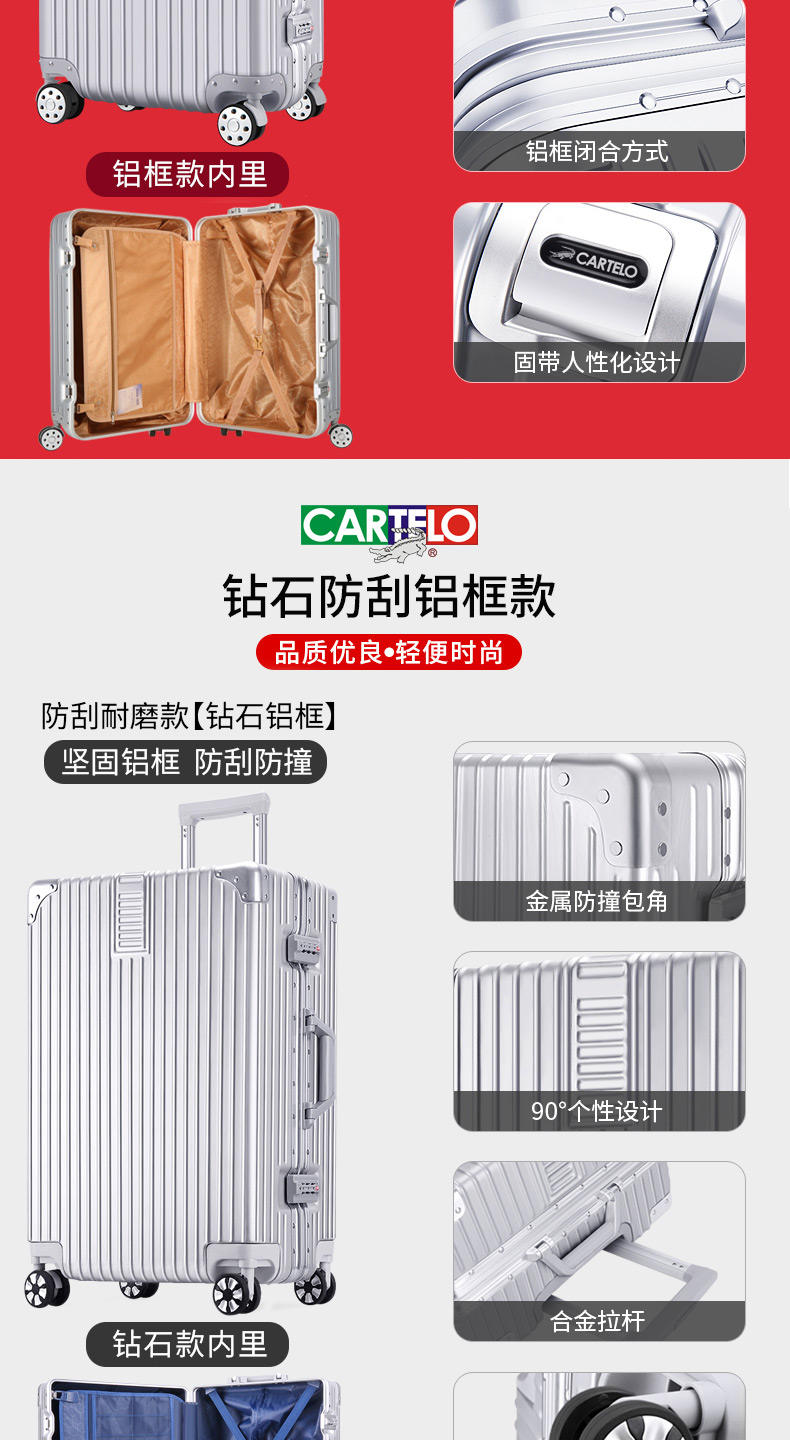 Cartier cá sấu vali khung nhôm nam và nữ sinh viên mật khẩu xe đẩy trường hợp phổ wheel 24 inch nội trú vali ba lô du lịch
