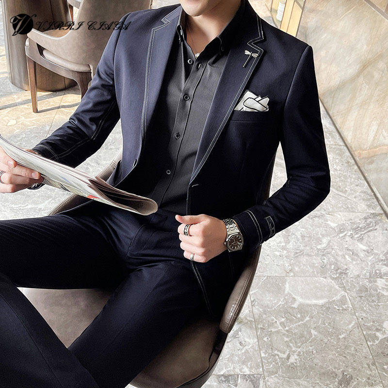 Men's suit suits spring new temperament solid color suit men's suits men's suits Korean style embroidery casual two-piece suit
