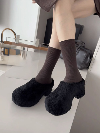 欧洲站2025冬新款羊羔毛厚底轻便软底增高包头半拖鞋女外穿毛毛鞋