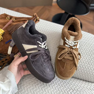 European Style Genuine Leather Lamb Wool Warm German Training Shoes for Women 2025 Winter Versatile Retro Sneakers Casual Furry Cotton Shoes