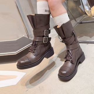 European Genuine Leather Thick-Soled Riding Boots 2025 Autumn New British Style Martin Boots Mid-Calf Chunky Heel Belt Buckle Short Boots