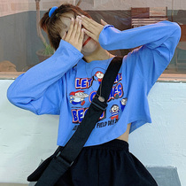 Korean version of age reduction cartoon sunscreen long sleeve heart machine T-shirt female niche thin loose short cross top ins