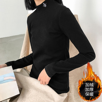 Plus velvet padded semi-high collar cotton long sleeve T-shirt female 2019 autumn and winter Korean version of the new Wild base wear coat