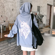 waitmore Net red sweater female 2019 Korean version of tide ins loose thin early autumn cec unicorn zipper coat