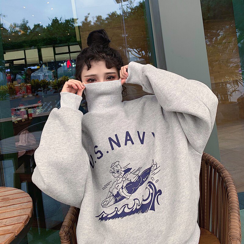 High collar thick cotton T women loose autumn and winter 2019 New plus velvet thickened ins tide bf lazy college style coat tide