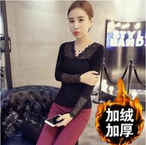Winter warm plus velvet womens thick lace base shirt womens long sleeve Korean slim mesh coat V neck T-shirt