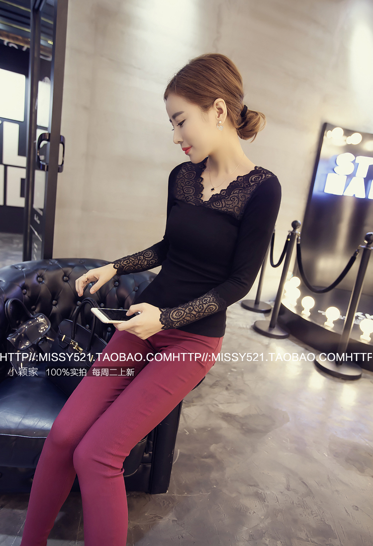 Áo len mùa thu và mùa đông ren áo sơ mi nữ tay dài Phiên bản Hàn Quốc của áo len cỡ lớn Slim ngắn tay đa năng cardigan len