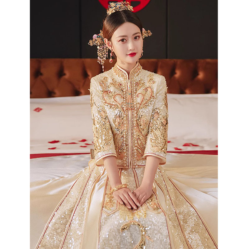 Golden Xiuhe Dress 2026 Bride Wedding Dress Champagne Color Plus Size High-End Chinese Wedding Dress Xiuhe Dress Couple Style