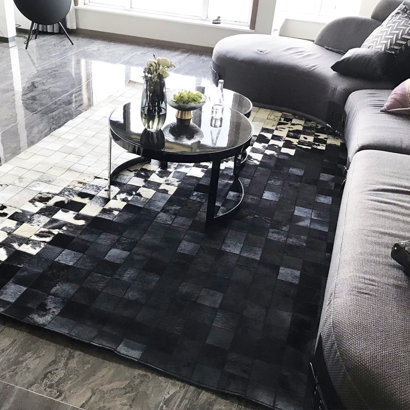 Light luxury high-end living room leather cowhide mosaic carpet horse fur dark black and white bedroom luxury handmade floor mat