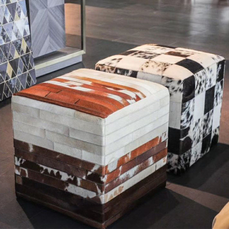 Dairy cow leather small square horse hair low stool clothing store changing shoe stool lazy foot pier luxury cowhide fur stool