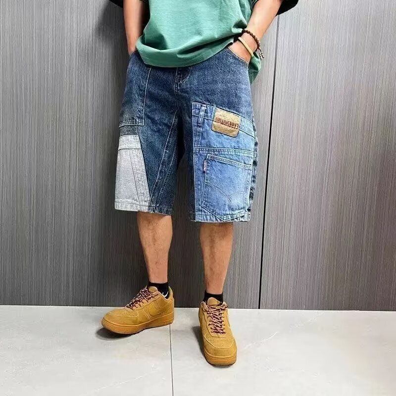 Summer American-Style Heavy-Duty Workwear Loose Straight-Leg Denim Shorts for Men, Trendy Brand with Unique Patchwork Design, Five-Point Mid-Length Shorts for Men