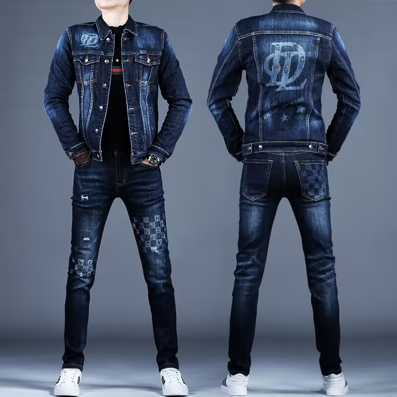 New Slim-Fit Denim Suit for Men, Printed High-End Stretch Skinny Jeans, High-End Trendy Brand Jacket for Men