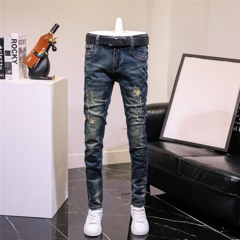 Men's Vintage Blue Jeans, Trendy Brand, Stretchy Slim Fit, Tapered, Korean Style, Trendy Ripped, Versatile Men's Pants for Spring and Autumn