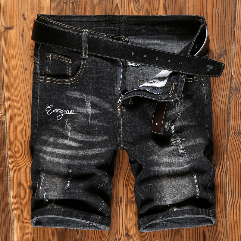 Ripped Large Size Stretch Denim Shorts for Men, Summer Loose Straight Trendy Brand Versatile Knee-Length Shorts