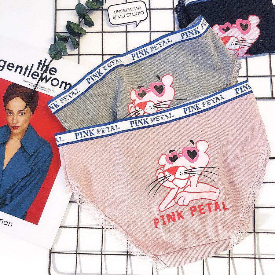 Korean PINK letters red pink leopard cartoon cotton lace edge cute sports mid-rise girl briefs