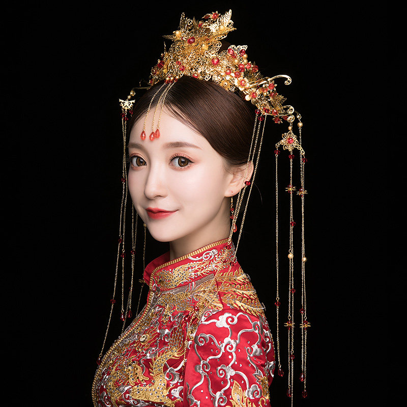 Xiuhe clothing headdress new Chinese bride wedding Phoenix crown Xia headdress atmospheric dragon and phoenix hanging toast clothing wedding accessories