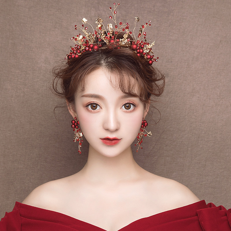 Bridal headdress Wedding crown red simple atmosphere Forest fairy hair ornaments Wedding toast dress simple jewelry