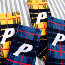 ins trend British Plaid retro Japanese sports Harajuku skateboard street harbor style letter P middle tube men and women socks