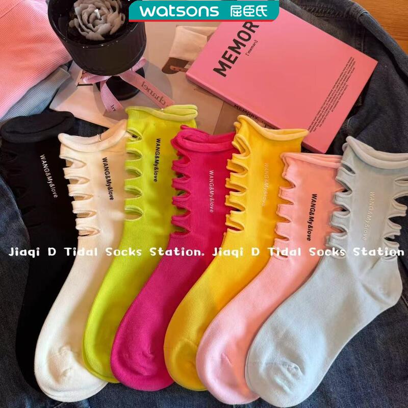 Korean Style Summer Socks for Women, Fishbone Hole Socks, Dopamine Color Letter Print, Trendy Mid-Calf Socks with Internet Celebrity Style Korean Style Summer Socks for Women, Fishbone Hole Socks, Dopamine Color Letter Print, Trendy Mid-Calf Socks with Internet Celebrity Style