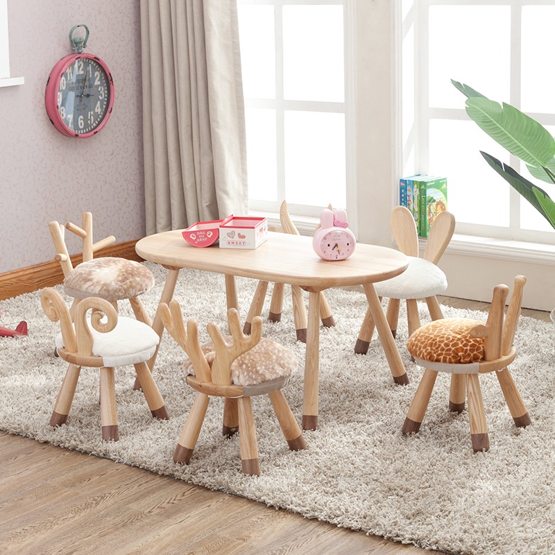 Children Solid Wood Animal Chairs Original Wood Color Nursery School Early Teaching Manual Drawing Table Rubber Wooden Backrest Short Stool-Taobao