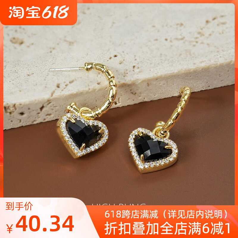 Light extravagant zircon inlaid section black jewel earrings earrings with female silver needle without pain mosquito coil ear clip without earbuds