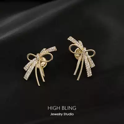 Mosquito coil ear clip without ear hole female 2021 New Tide Super exquisite zircon bow earrings ear pin female Silver Needle