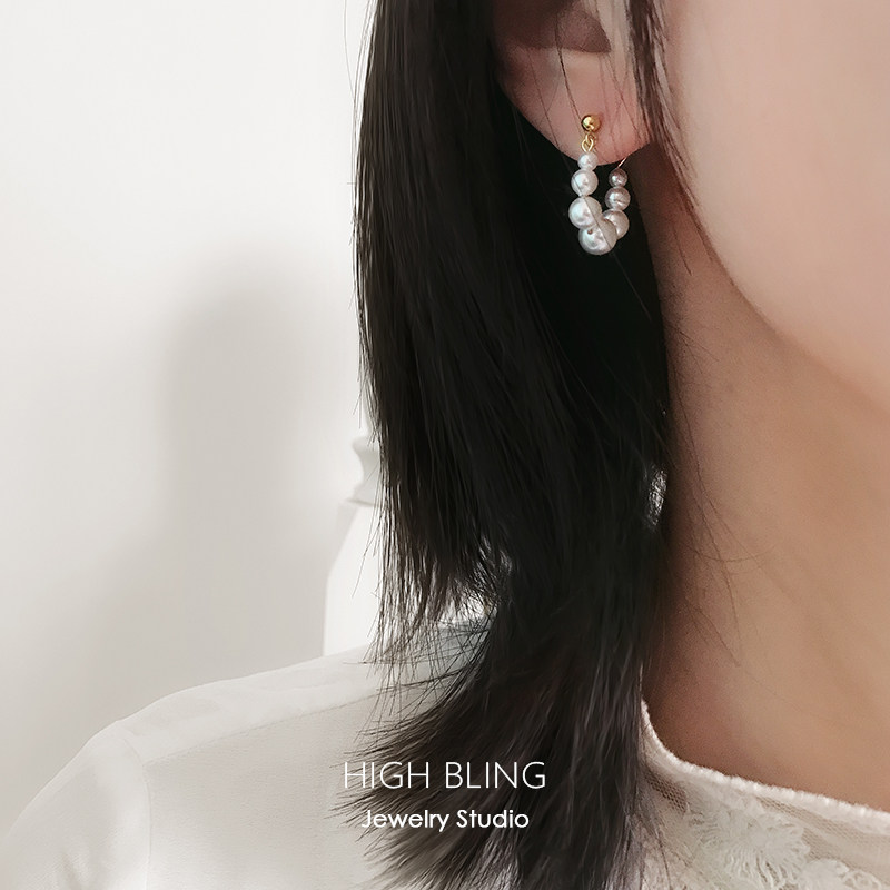 HighBling retro refined French style pearl rear hanging silver needle ear-ear ring female no-ear-hole mosquito-repellent coil ear clip