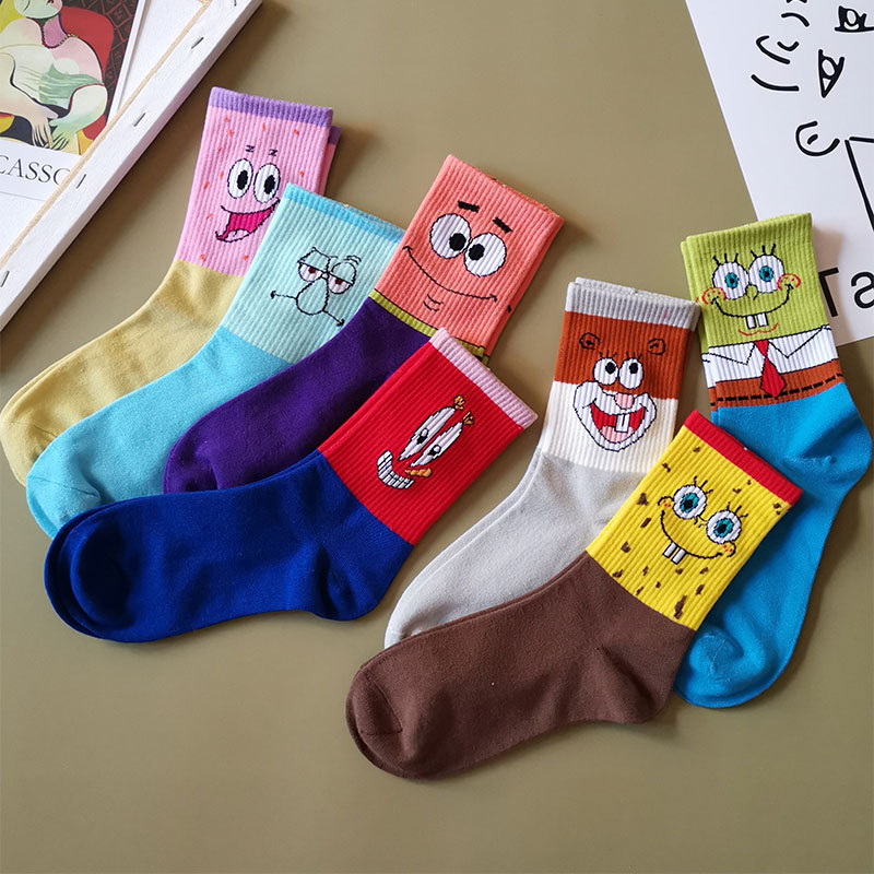 Couple Socks for Women ins Trendy Men's Socks Mid-High Cotton Cute Cartoon Quirky Color-Blocking Student Sports Personality Autumn W