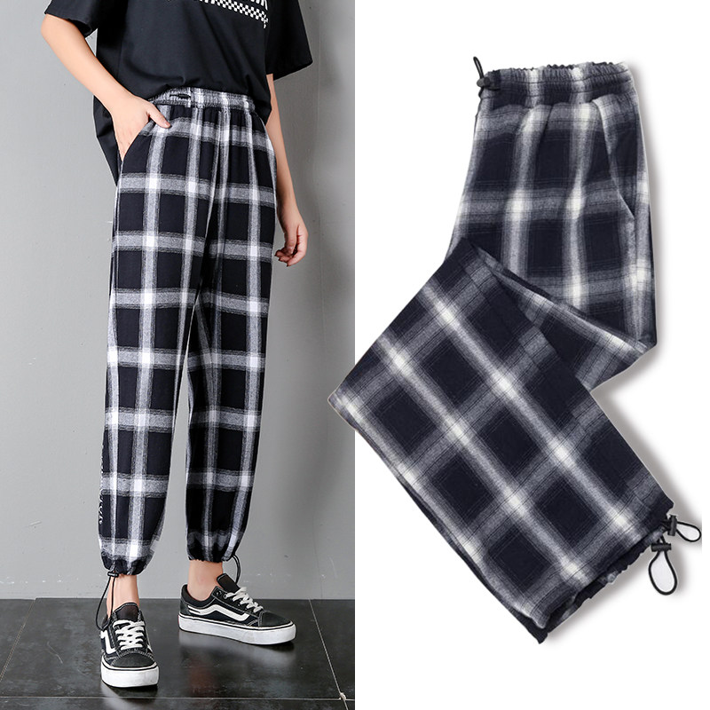 Black and white plaid pants woman 2022 new loose straight cylinder 100 lap covety high waist display slim summer thin section casual wide pants