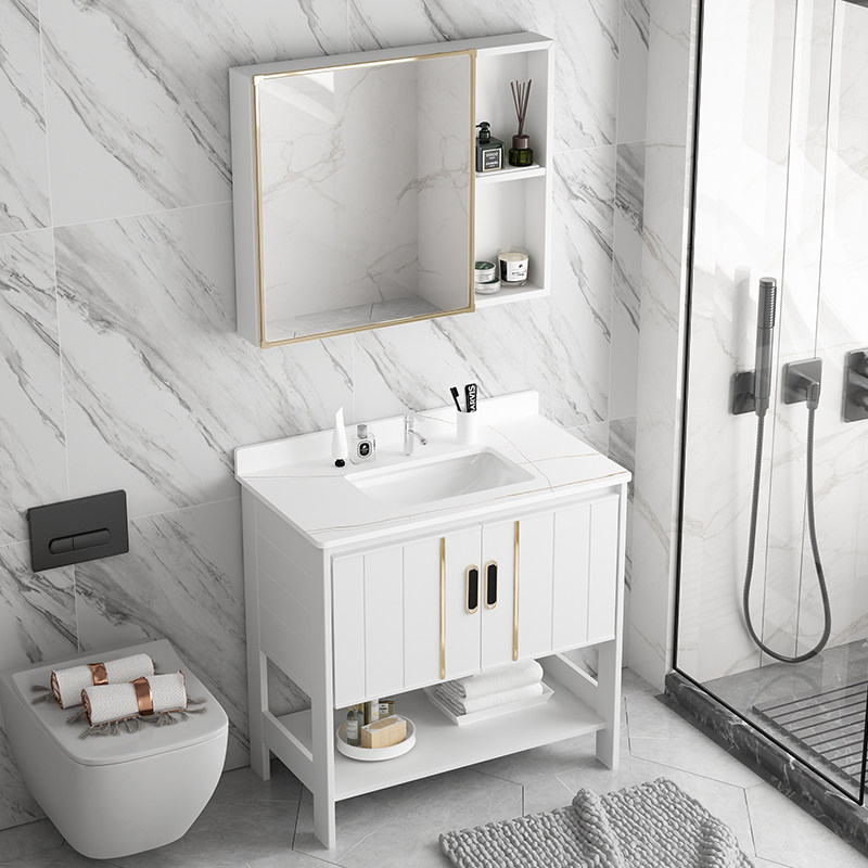 Floor-to-landing space aluminum wash basin bathroom cabinet combined small household wash bathroom rock plate in one-in-one wash table