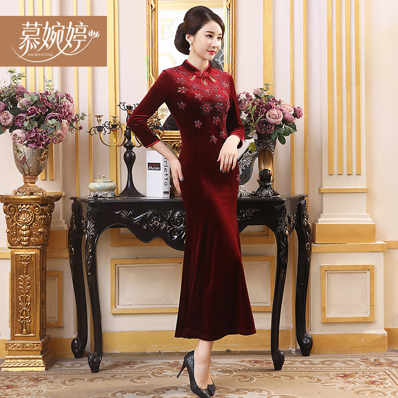Velvet autumn cheongsam, long wedding dress for mother, 2021 collection, mid-length, fish tail