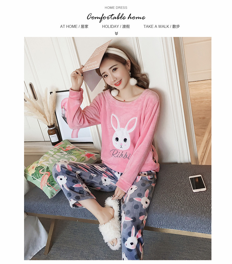 Đồ ngủ nhung san hô nữ mùa thu đông dài phiên bản dài tay Hàn Quốc của flannel dày ngọt ngào và đáng yêu phù hợp với dịch vụ nhà mùa đông đồ bộ pijama