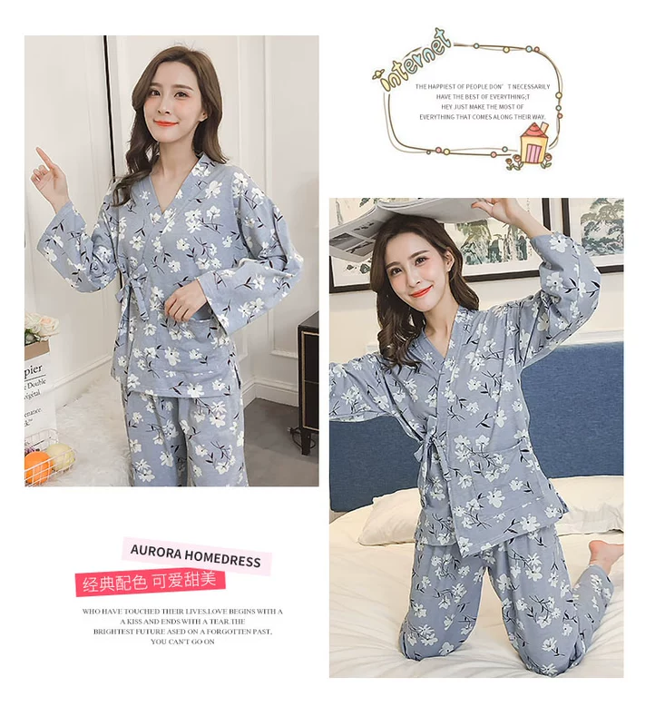 Bộ đồ ngủ kimono Nhật Bản của phụ nữ mùa thu và mùa hè cotton mỏng có thể được mặc áo dài tay ngọt ngào và đáng yêu phù hợp với mùa xuân và mùa thu nhà