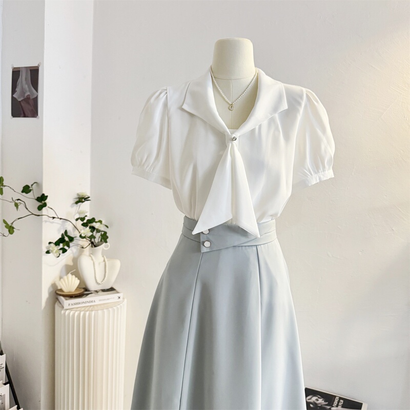 Ribbon Bow French Lapel White Short-Sleeved Shirt for Women 2025 Summer Elegant Commuter Shirt Professional Top